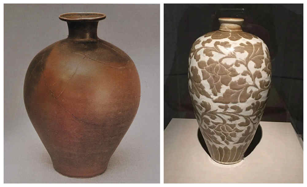 定窯梅瓶到底是用來盛酒,還是用來插花?(圖2) 北宋定窯紫定梅瓶(左)和金代定窯白地褐彩梅瓶(右).jpg