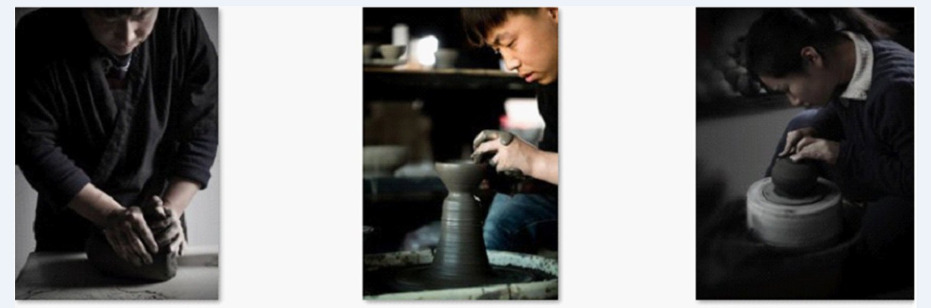 大宋定窯的匠人們展示揉泥、拉坯、修坯這三道工序